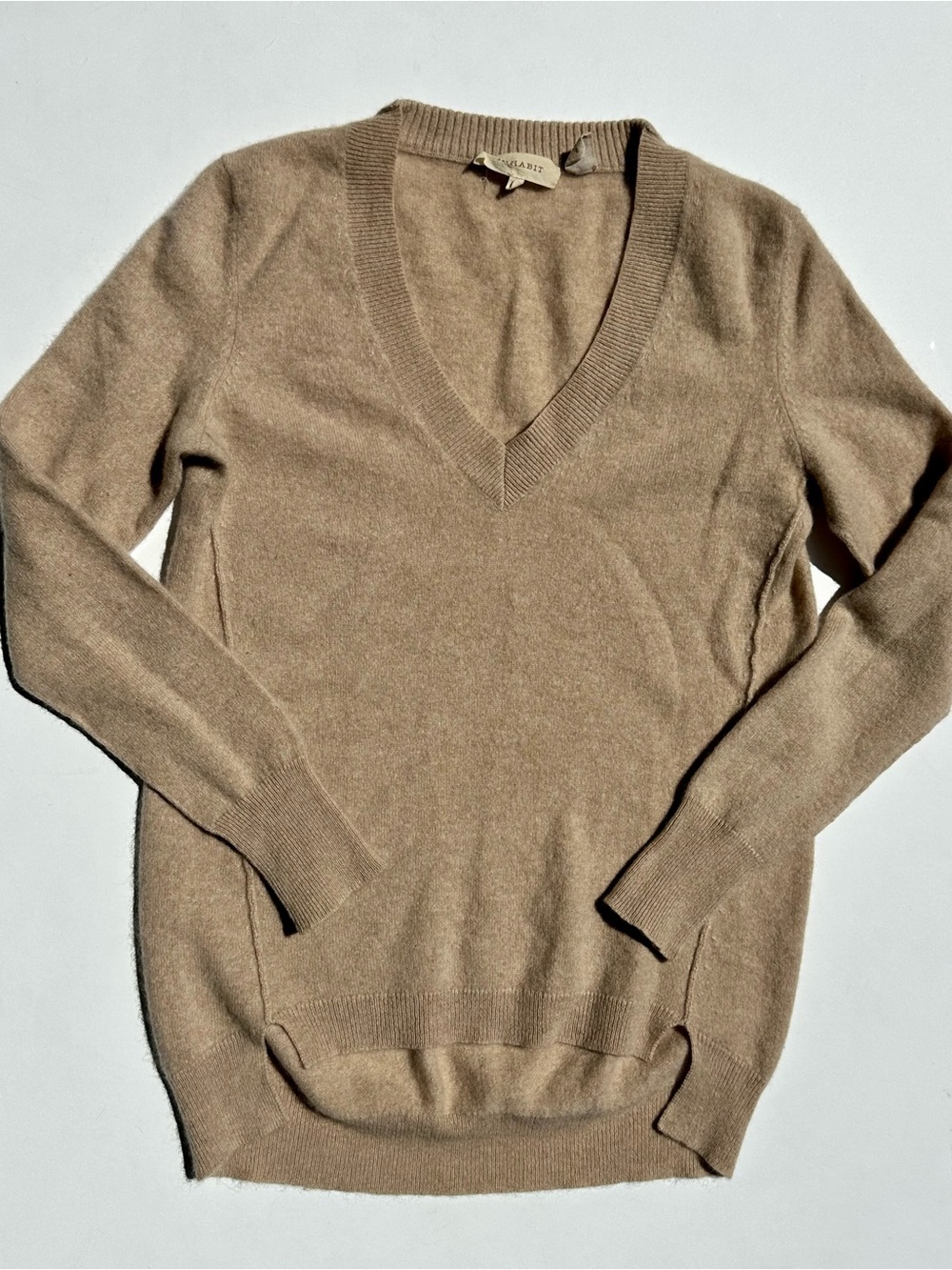 Inhabit 100% Cashmere Women’s High-Low Hem V-Neck Cashmere Sweater, Tan Beige, S